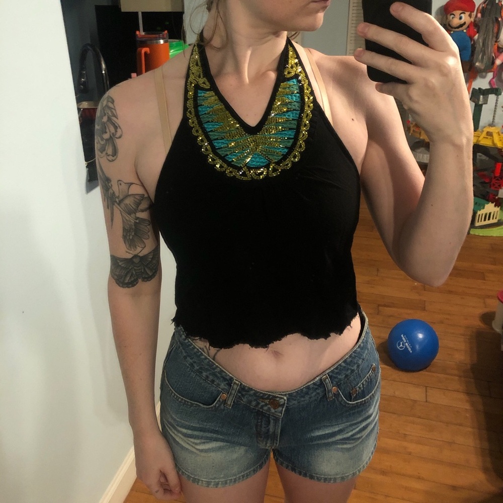 Y2k H&M Black sequin halter top with gold and blue accents.